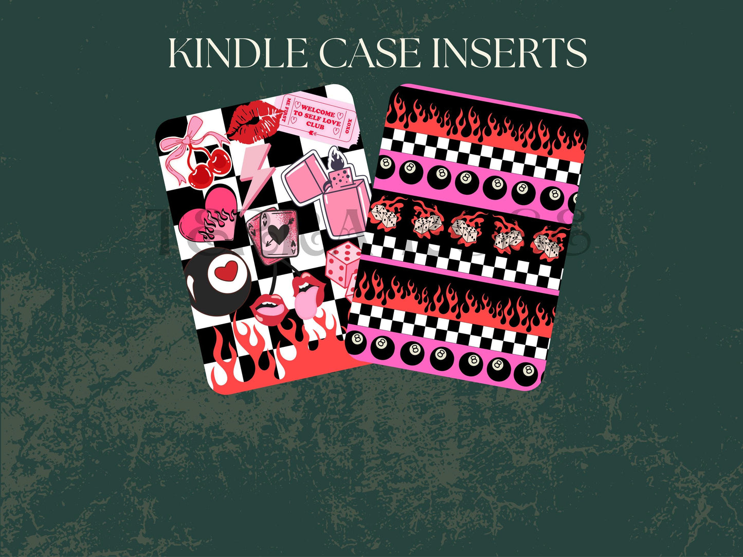 Trendy Pink Kindle Case Insert Bundle / booktok/ bookish merch/ clear case insert/ edgy/ checkered print/ dice/ cherry