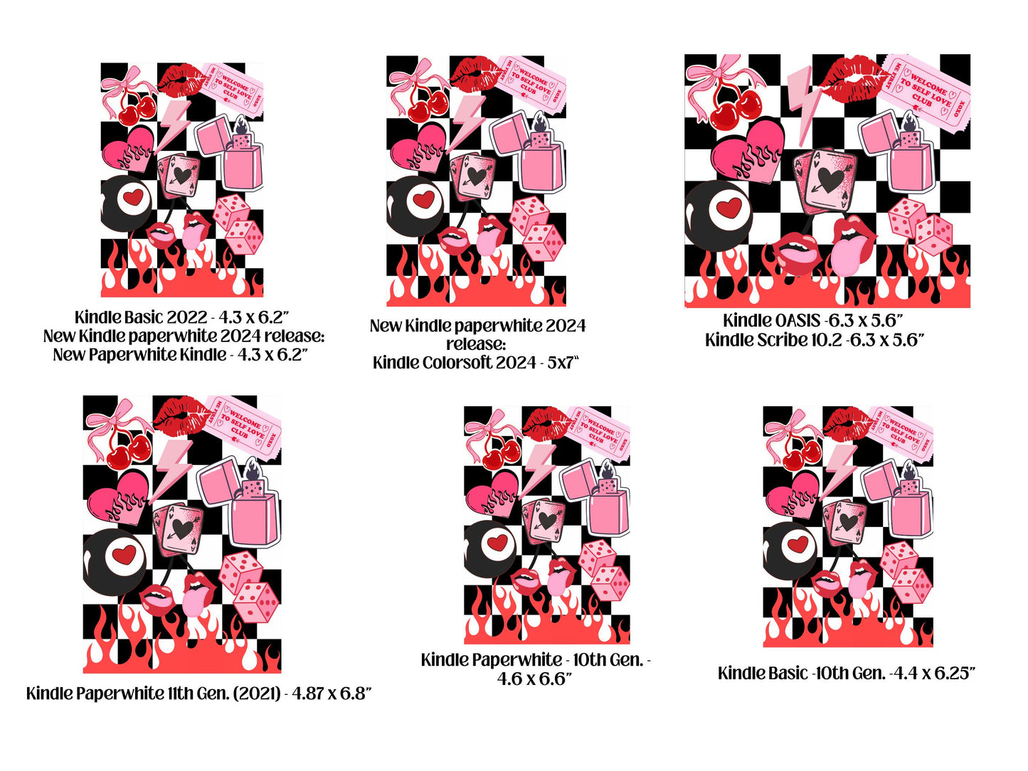 Trendy Pink Kindle Case Insert Bundle / booktok/ bookish merch/ clear case insert/ edgy/ checkered print/ dice/ cherry