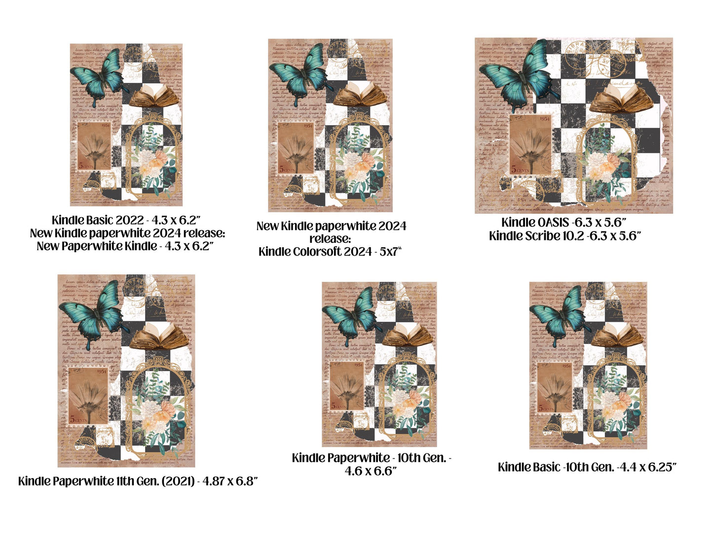 Vintage Collage Kindle Case Insert Bundle / booktok/ bookish merch/ clear case insert/ blue/ pink/ neutral/ checkered print/ butterflies