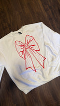 Maroon and pink striped oversized bow sweatshirt-White