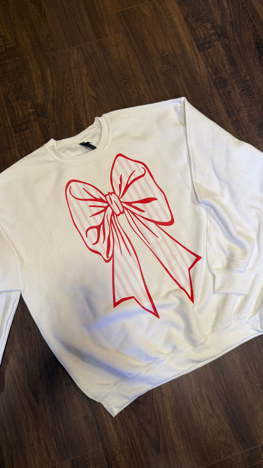 Maroon and pink striped oversized bow sweatshirt-White