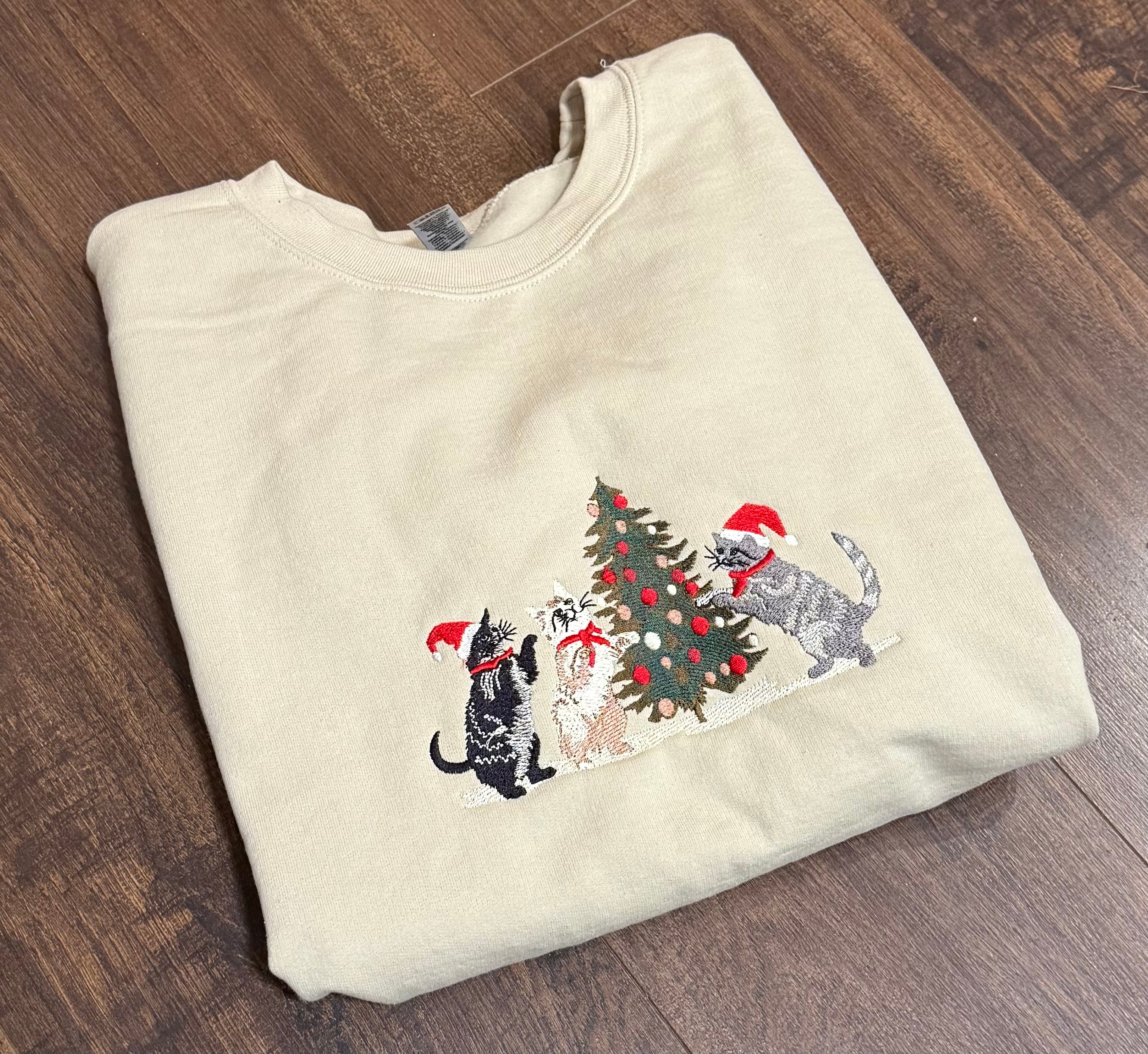 Embroidered Christmas Cat sweatshirt-Sand