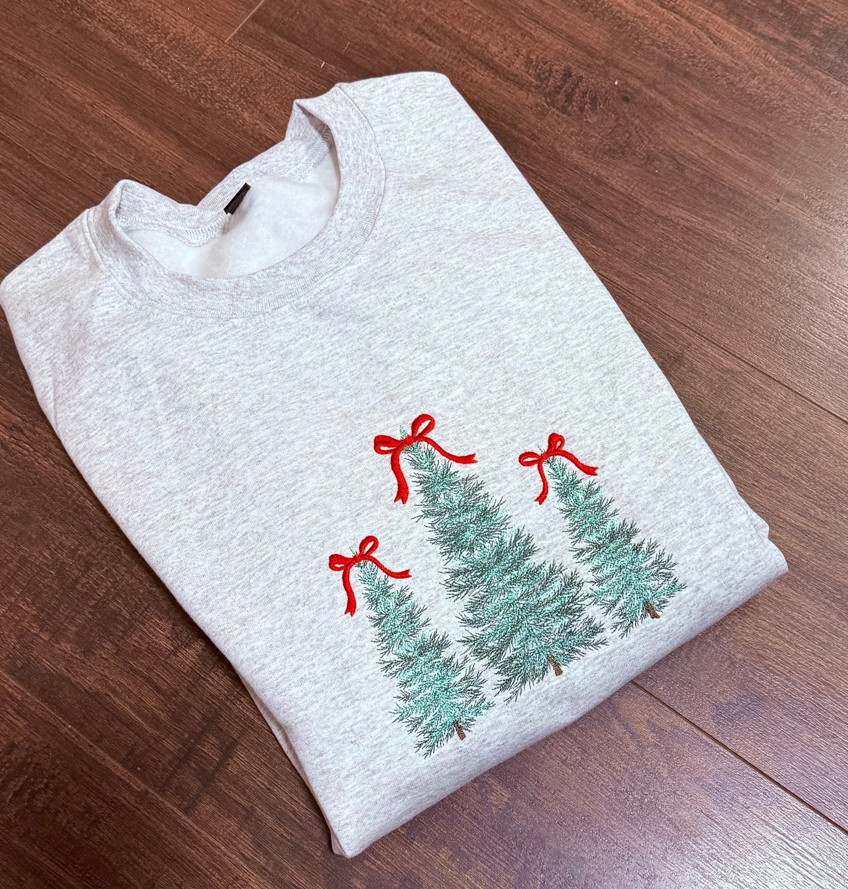 Embroidered Christmas Tree w/ Bow sweatshirt-Ash