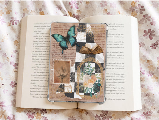 Blue Checkered Vintage Collage Kindle Case Insert / E-reader Case Insert/ booktok/ bookish merch/ clear case insert