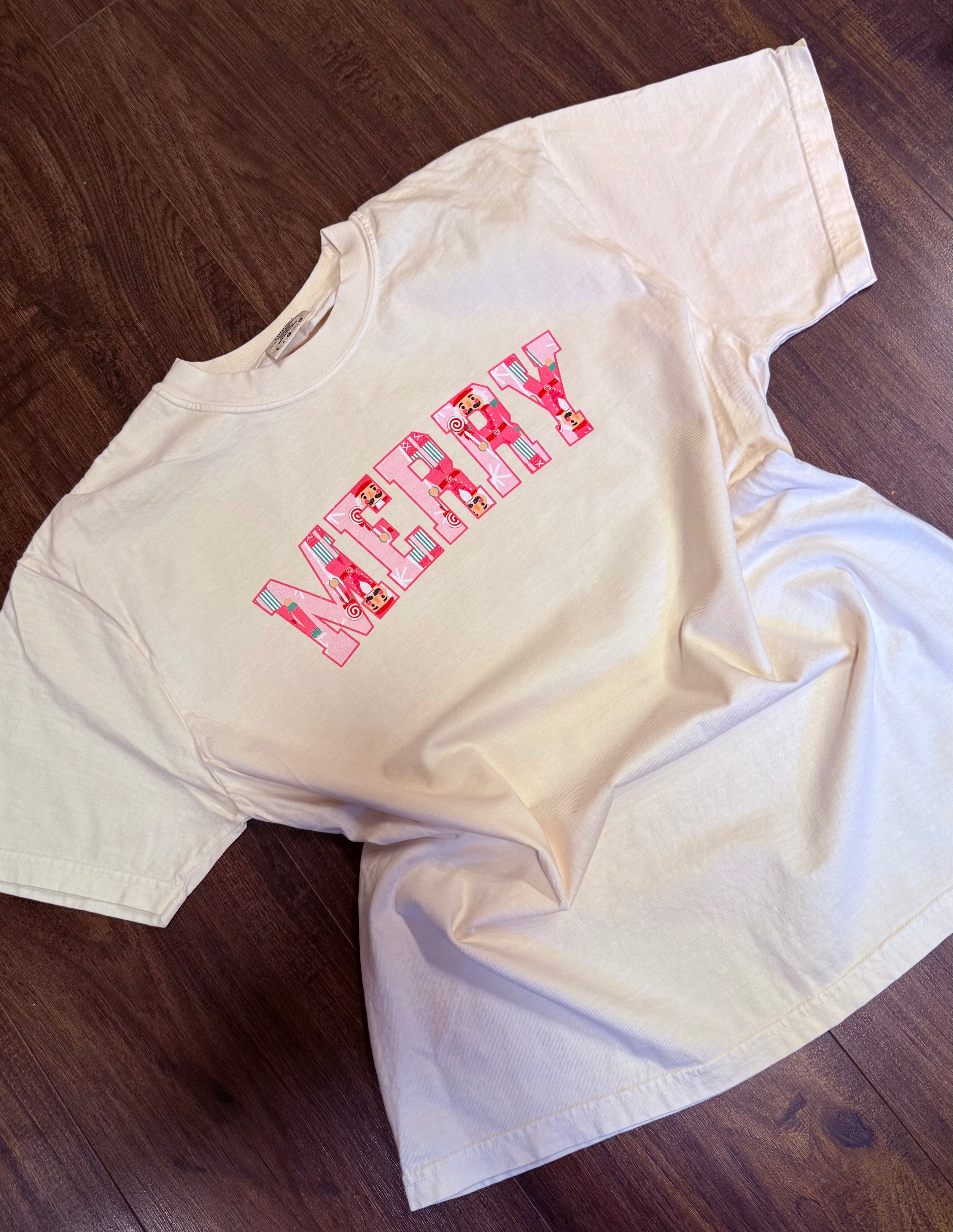 Pink nutcracker Merry tee-Ivory