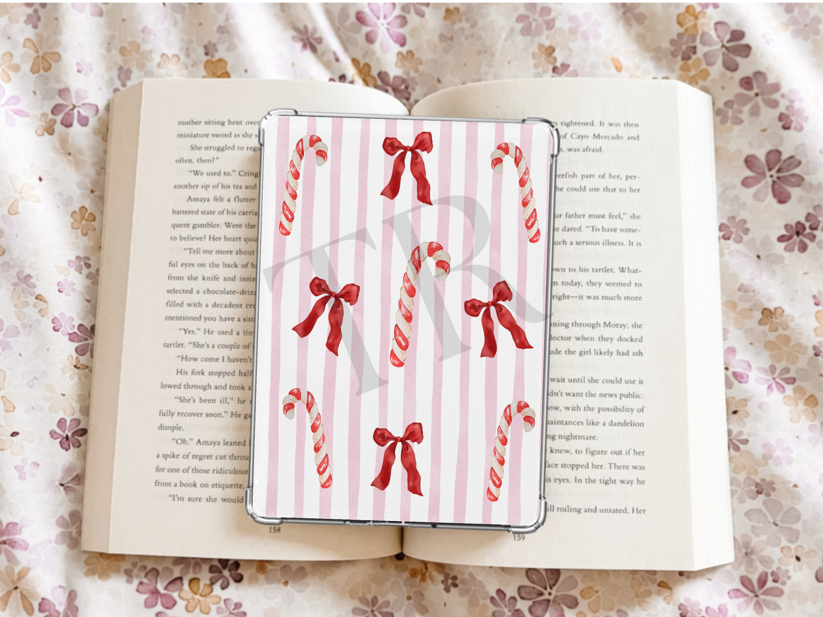 Pink striped Candy Cane/Bow Kindle Case Insert / booktok/ bookish merch/ clear case insert/ Christmas