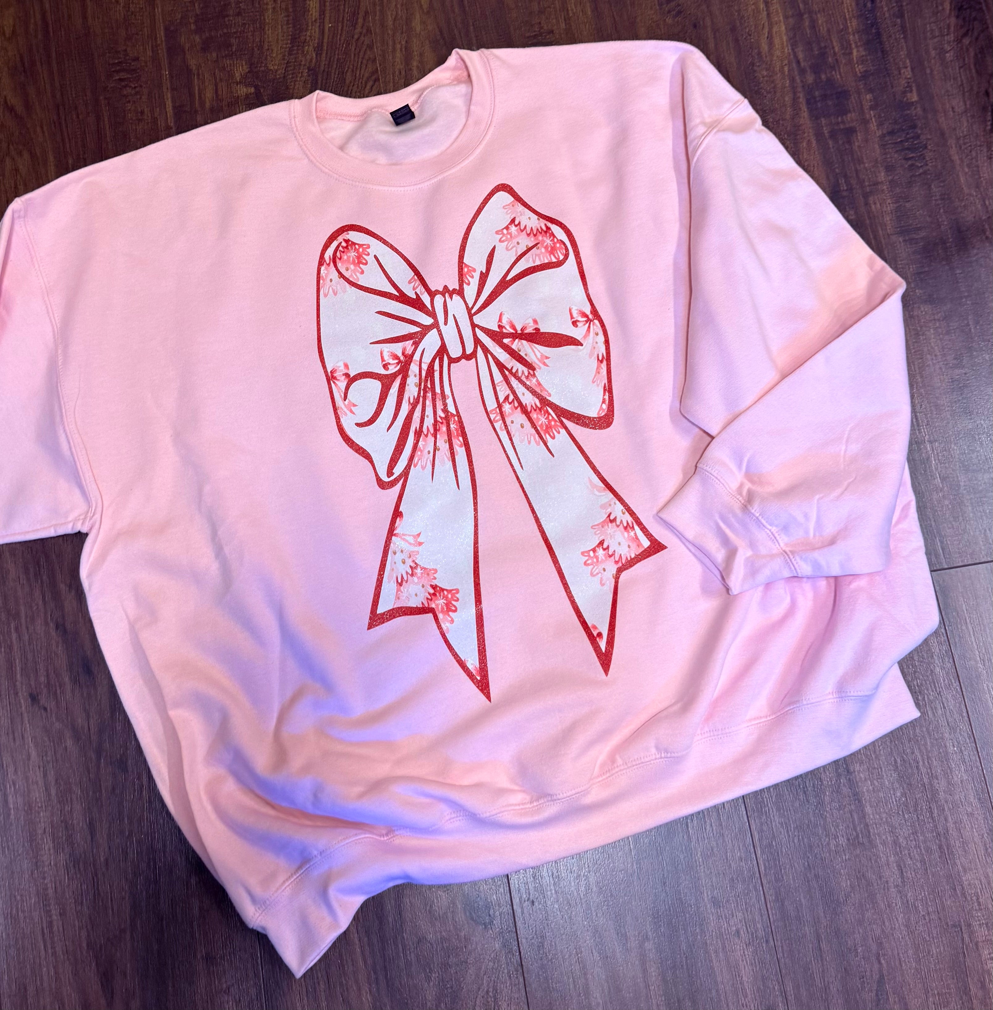 Pink Christmas tree oversized bow sweatshirt-Baby Pink