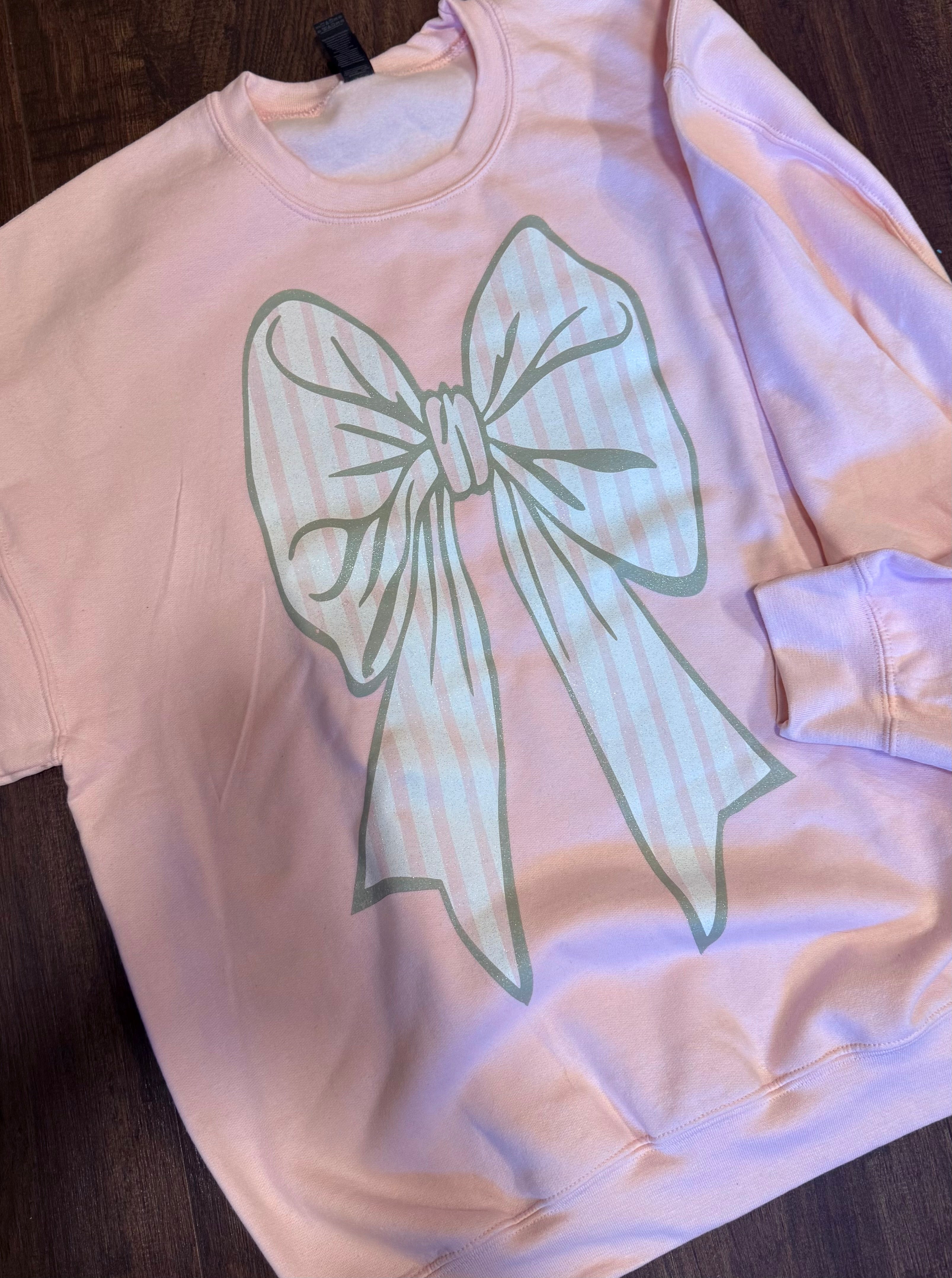 Sage and pink striped oversized bow sweatshirt-Baby Pink