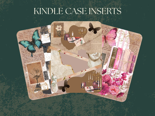 Vintage Collage Kindle Case Insert Bundle / booktok/ bookish merch/ clear case insert/ blue/ pink/ neutral/ checkered print/ butterflies