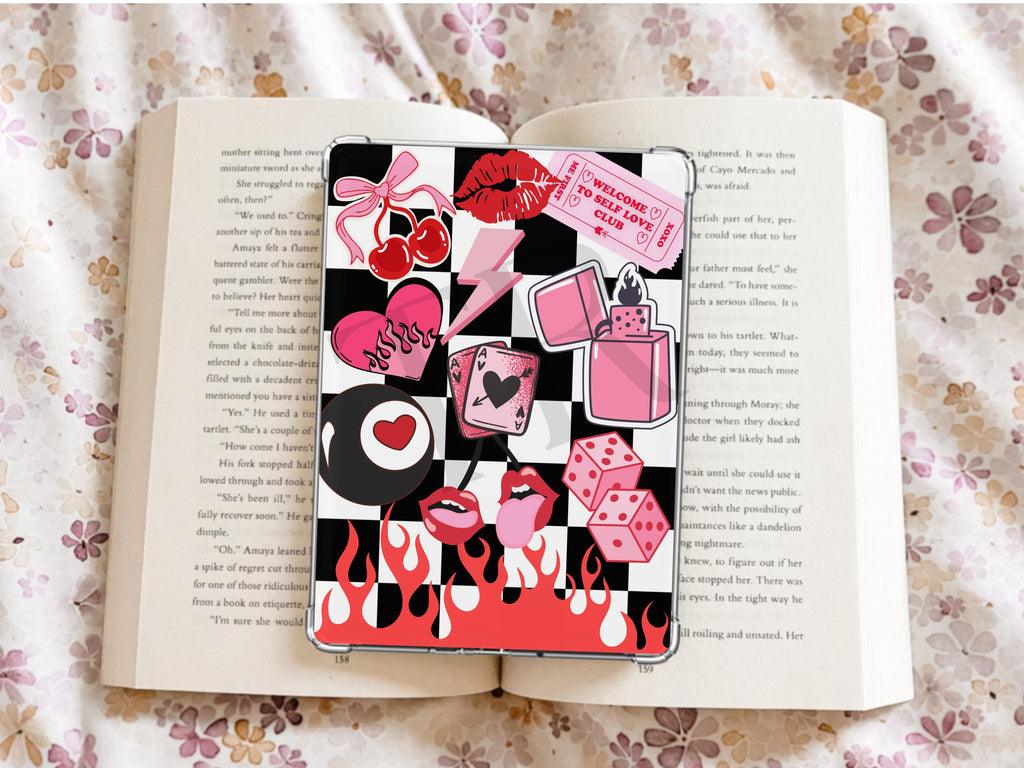 Trendy Pink Kindle Case Insert Bundle / booktok/ bookish merch/ clear case insert/ edgy/ checkered print/ dice/ cherry