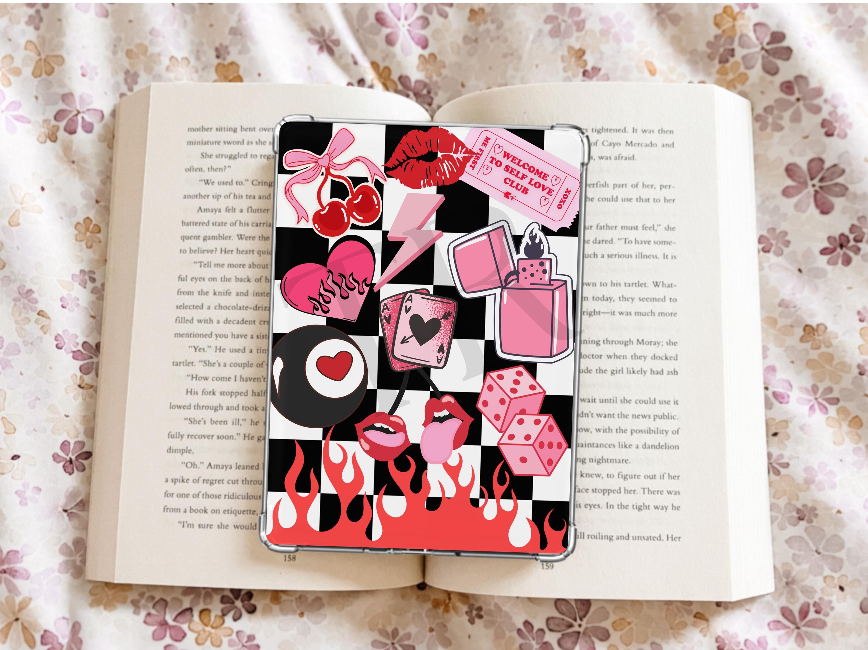 Trendy Pink Kindle Case Insert Bundle / booktok/ bookish merch/ clear case insert/ edgy/ checkered print/ dice/ cherry