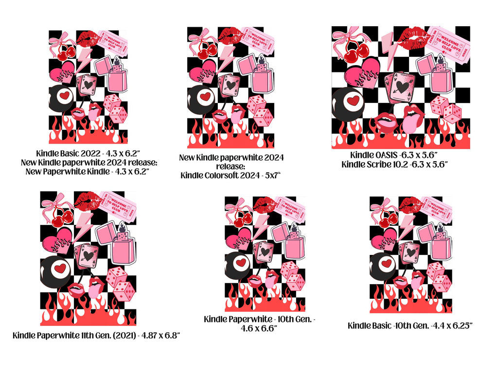 Trendy Pink Kindle Case Insert Bundle / booktok/ bookish merch/ clear case insert/ edgy/ checkered print/ dice/ cherry