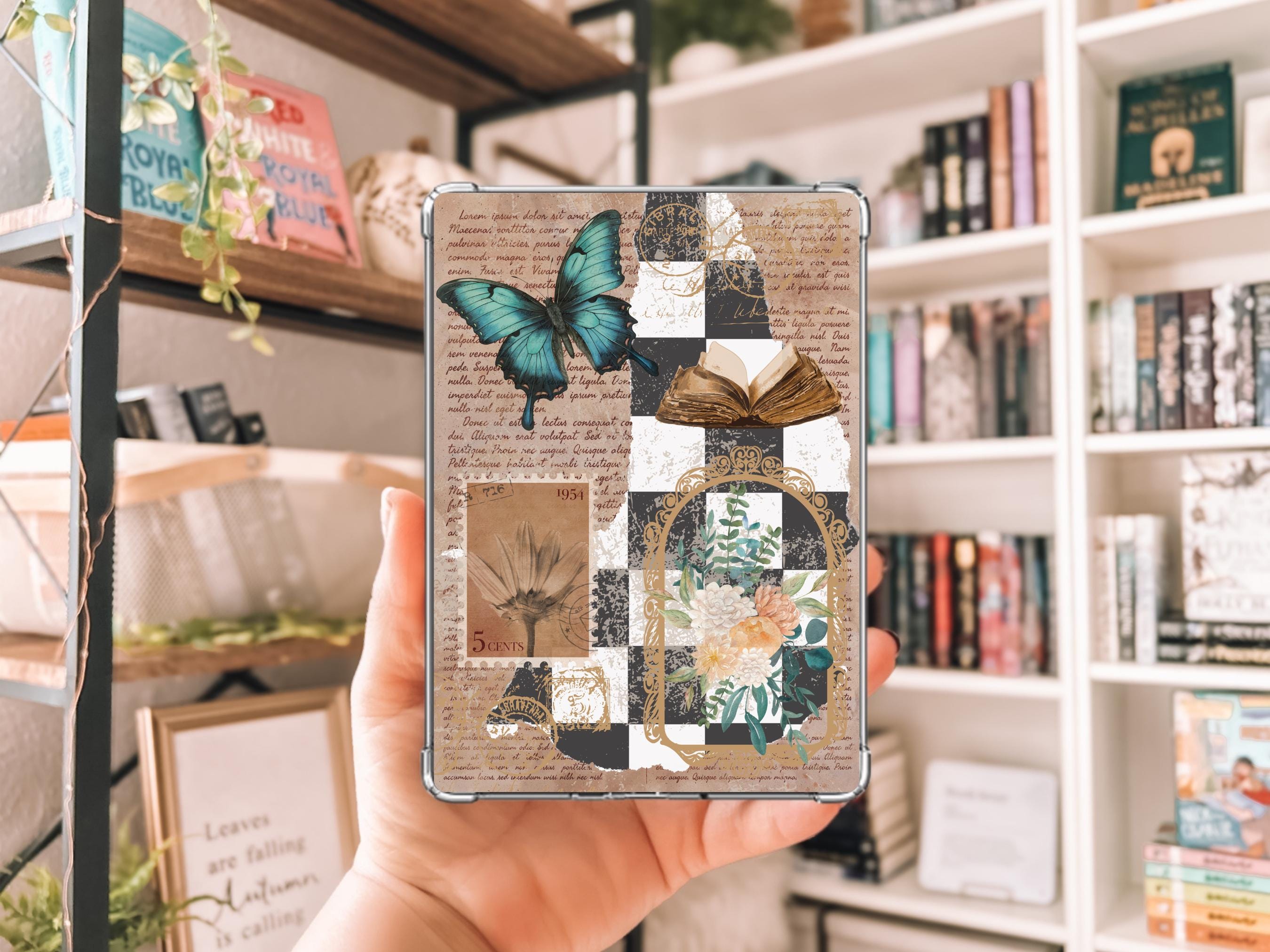 Blue Checkered Vintage Collage Kindle Case Insert / E-reader Case Insert/ booktok/ bookish merch/ clear case insert